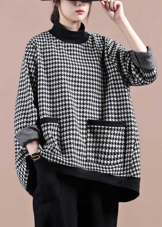 Fashion White Plaid Turtleneck Pockets Patchwork Top Long Sleeve