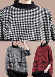 Fashion White Plaid Turtleneck Pockets Patchwork Top Long Sleeve