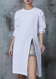 Fashion White Puff Sleeve Side Open Cotton Dress Spring