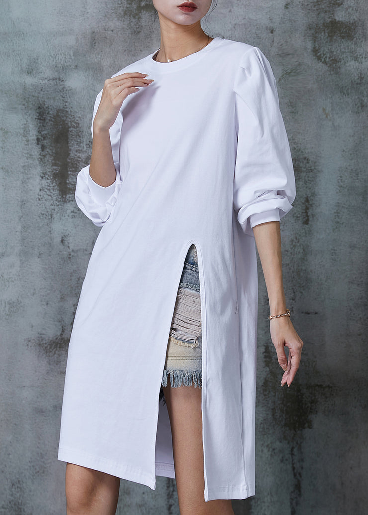 Fashion White Puff Sleeve Side Open Cotton Dress Spring