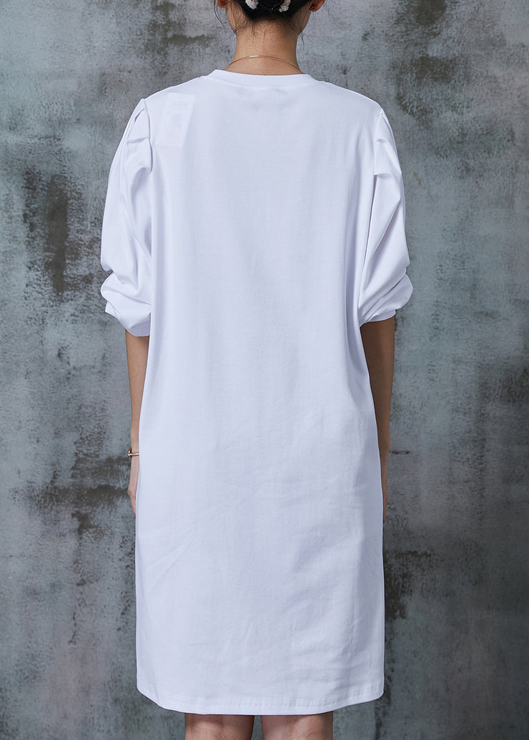 Fashion White Puff Sleeve Side Open Cotton Dress Spring