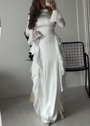 Fashion White Ruffled Patchwork Chiffon Ankle Dress Flare Sleeve