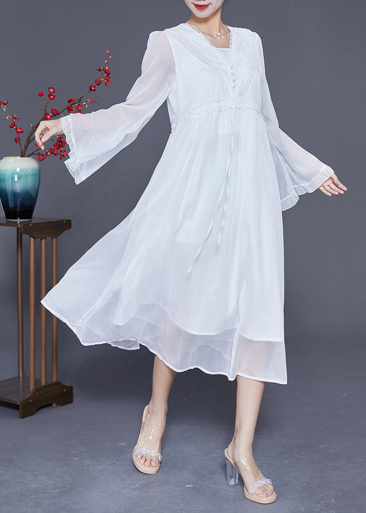 Fashion White Ruffled Patchwork Chiffon Holiday Dress Flare Sleeve