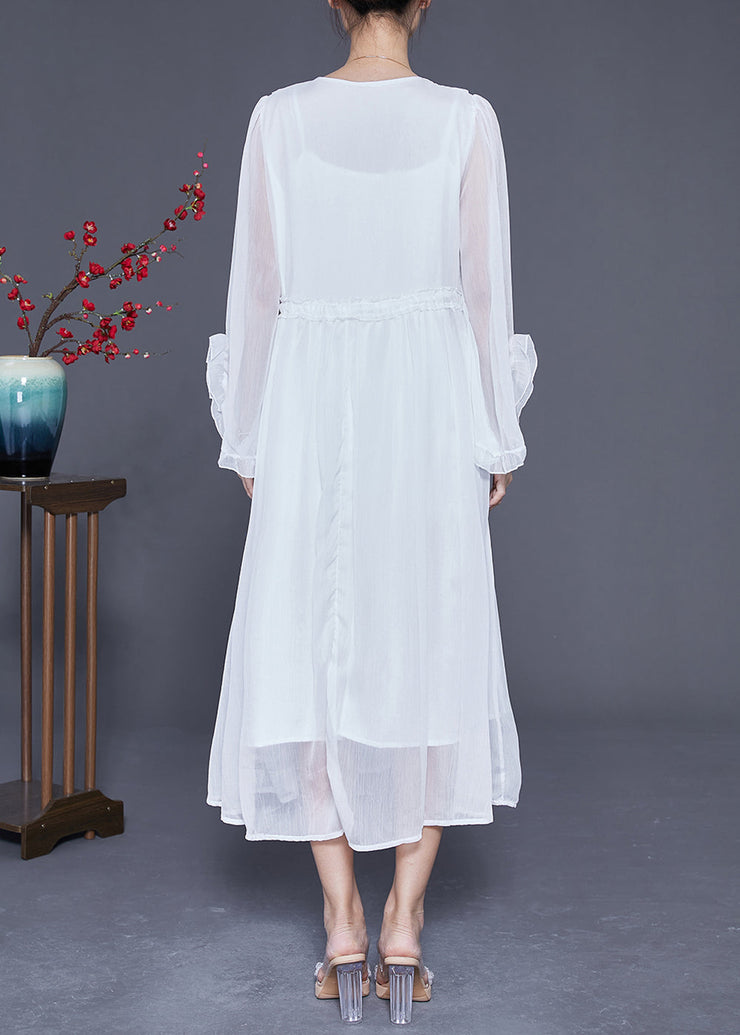 Fashion White Ruffled Patchwork Chiffon Holiday Dress Flare Sleeve