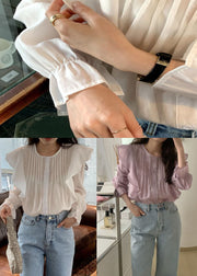 Fashion White Ruffled Patchwork Cotton Tops Long Sleeve