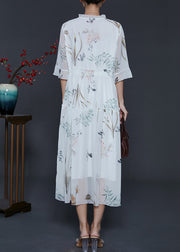 Fashion White Ruffled Print Chiffon Cinched Dresses Summer