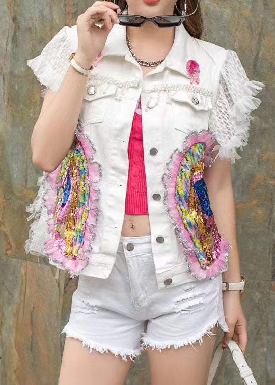 Fashion White Ruffled Sequins Nail Bead Patchwork Denim Vest Sleeveless