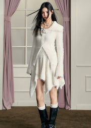 Fashion White Slash Neck Asymmetrical Mink Hair Knitted Two Piece Set Fall