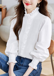 Fashion White Stand Collar Ruffled Patchwork Button Shirt Puff Sleeve