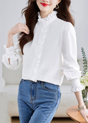 Fashion White Stand Collar Ruffled Patchwork Button Shirt Puff Sleeve