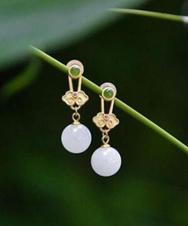 Fashion White Sterling Silver Jade Ruyi Drop Earrings