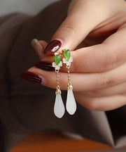 Fashion White Sterling Silver Overgild Jade Magnolia Drop Earrings