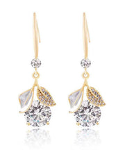 Fashion White Sterling Silver Overgild Zircon Leaves Drop Earrings