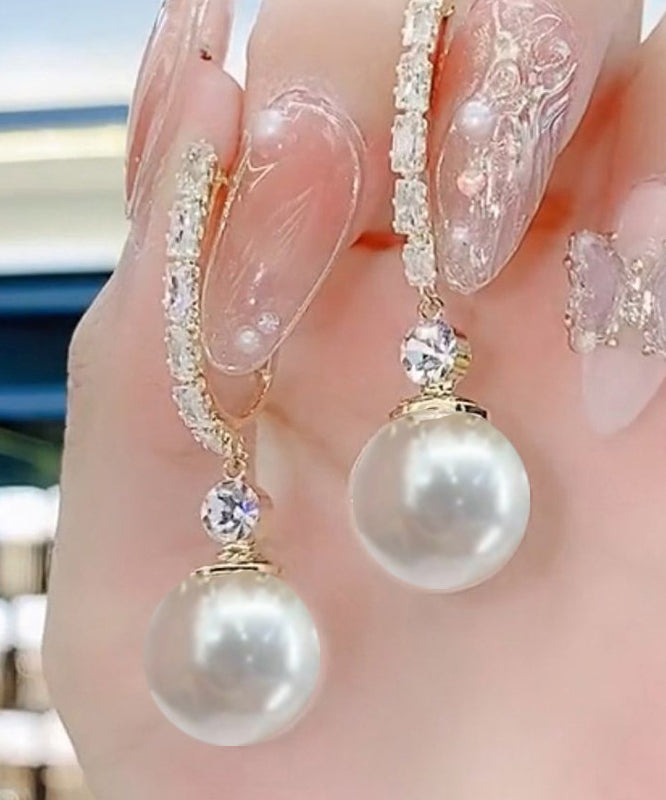 Fashion White Sterling Silver Overgild Zircon Pearl Drop Earrings