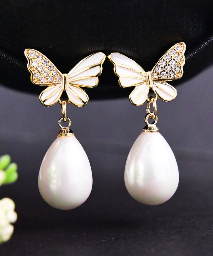 Fashion White Sterling Silver Zircon Butterfly Shell Water Drop Drop Earrings