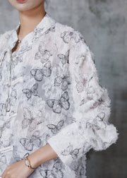 Fashion White Tasseled Butterfly Chiffon Shirt Fall