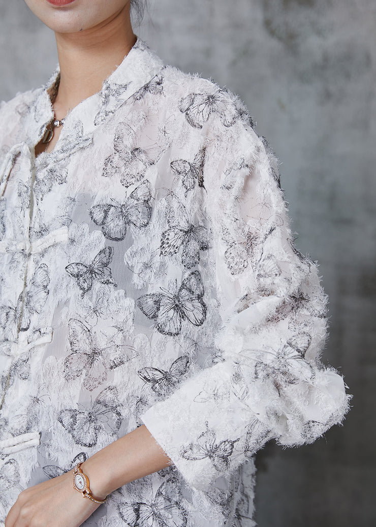 Fashion White Tasseled Butterfly Chiffon Shirt Fall