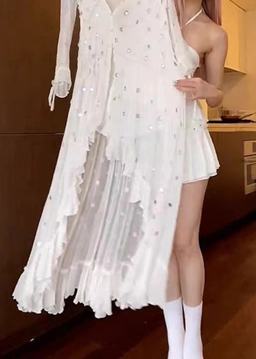 Fashion White V Neck Asymmetrical Design Sequins Dresses Long Sleeve