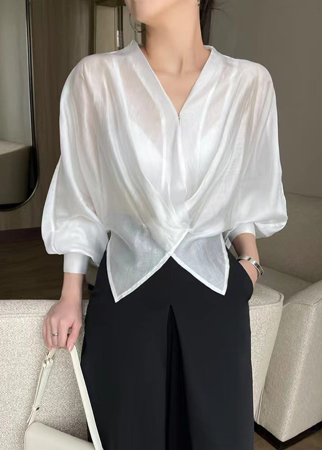 Fashion White V Neck Asymmetrical Silk Thin Shirts Spring