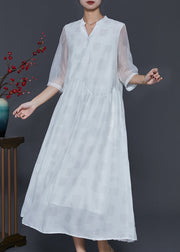 Fashion White V Neck Draping Silk Long Dresses Half Sleeve