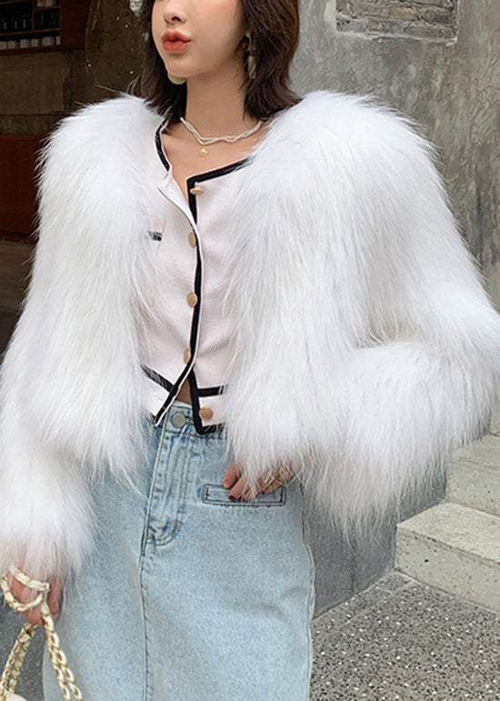 Fashion White V Neck Patchwork Faux Fur Coat Winter