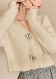 Fashion White V Neck Woolen Short Cardigans Spring