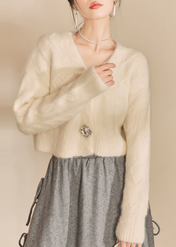 Fashion White V Neck Woolen Short Cardigans Spring