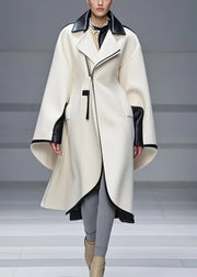 Fashion White Zip Up Patchwork Woolen Trench Coat Fall