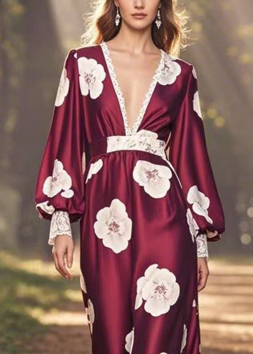 Fashion Wine Red V Neck Print Patchwork Silk Long Dress Spring