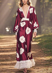 Fashion Wine Red V Neck Print Patchwork Silk Long Dress Spring