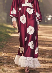 Fashion Wine Red V Neck Print Patchwork Silk Long Dress Spring