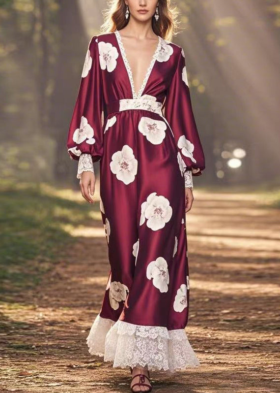 Fashion Wine Red V Neck Print Patchwork Silk Long Dress Spring