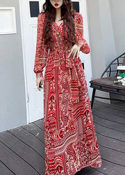 Fashion Wine Red V Neck Print Side Open Patchwork Long Dresses Fall