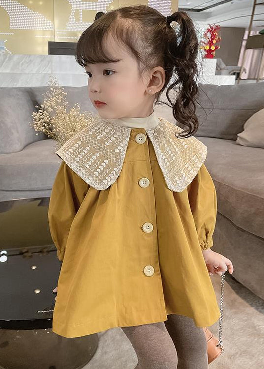 Fashion Yellow Bow Button Cotton Girls Trench Outwear Spring