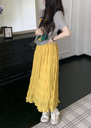 Fashion Yellow Elastic Waist Wrinkled Cotton Skirt Summer