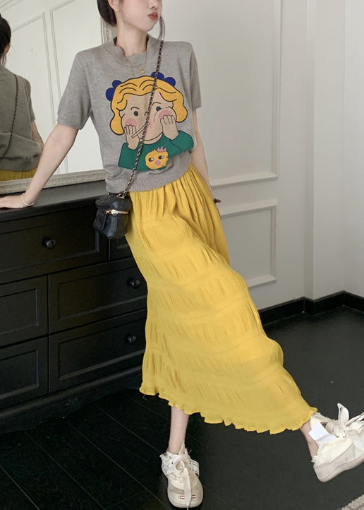 Fashion Yellow Elastic Waist Wrinkled Cotton Skirt Summer