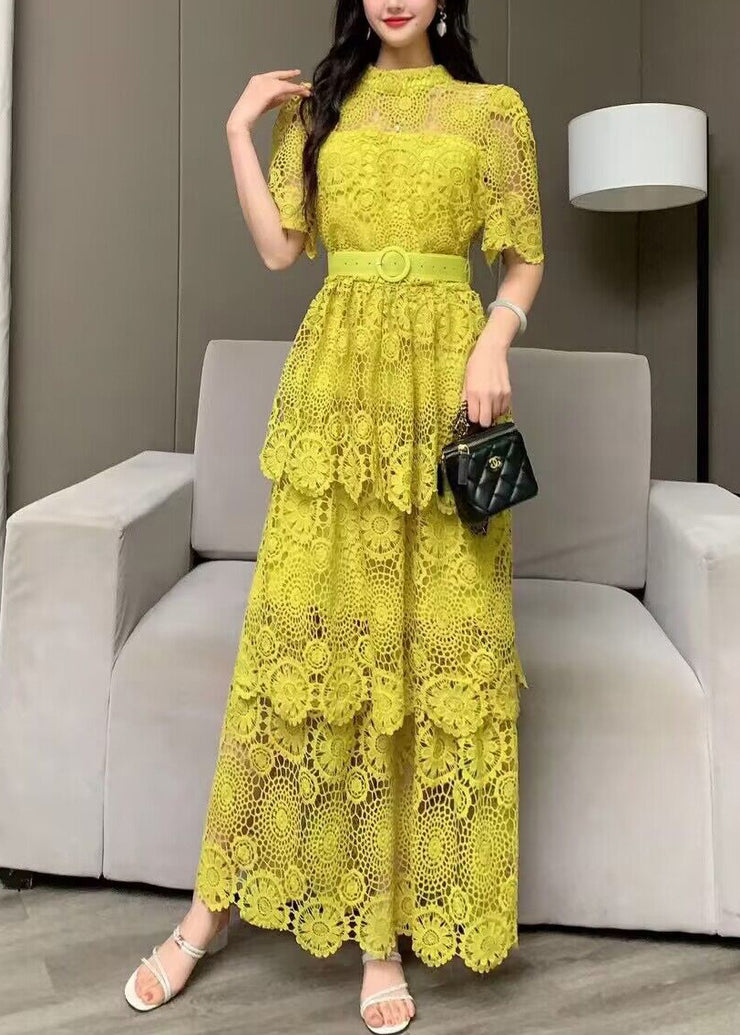 Fashion Yellow Embroidered Tie Waist Patchwork Lace Dress Summer