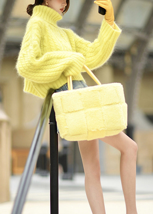 Fashion Yellow Hign Neck Thick Ma Hai Mao Short Knit Sweaters Winter