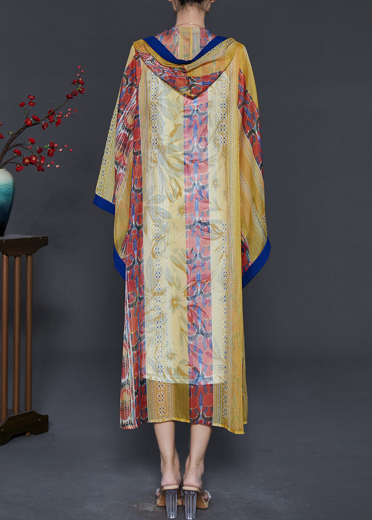 Fashion Yellow Hooded Print Chiffon UPF 50+ Cardigan Summer