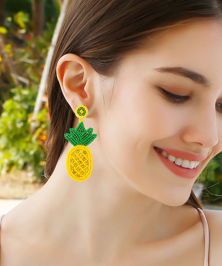 Fashion Yellow Knit Fabric Rice Ball Pineapple Drop Earrings