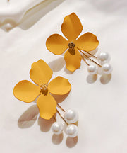 Fashion Yellow Metal Pearl Floral Tassel Drop Earrings