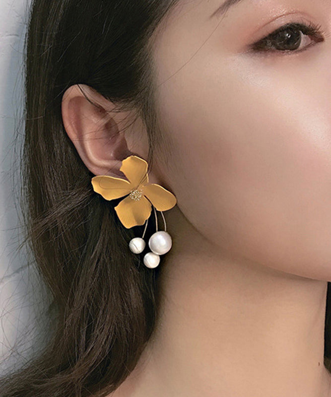 Fashion Yellow Metal Pearl Floral Tassel Drop Earrings