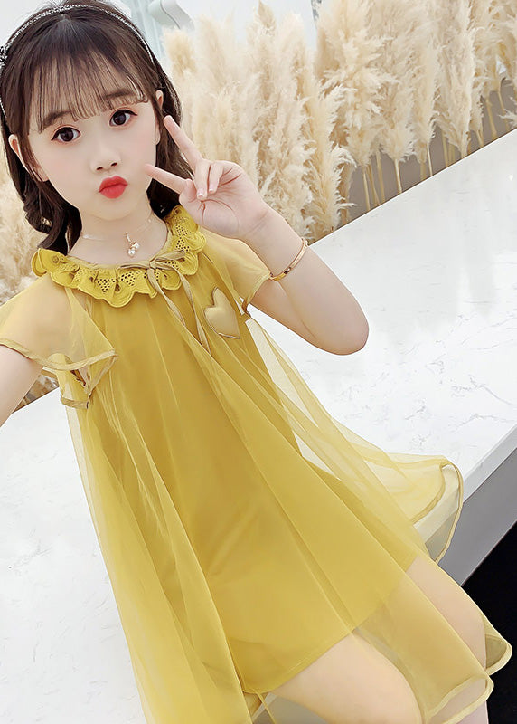 Fashion Yellow O-Neck Wrinkled Tulle Kids Long Dress Summer