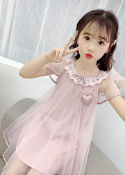 Fashion Yellow O-Neck Wrinkled Tulle Kids Long Dress Summer