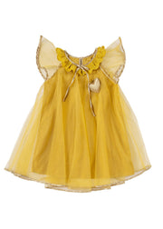 Fashion Yellow O-Neck Wrinkled Tulle Kids Long Dress Summer