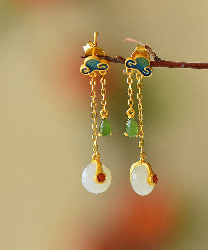 Fashion Yellow Overgild Jade Agate Auspicious Clouds Drop Earrings