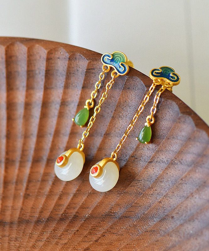 Fashion Yellow Overgild Jade Agate Auspicious Clouds Drop Earrings