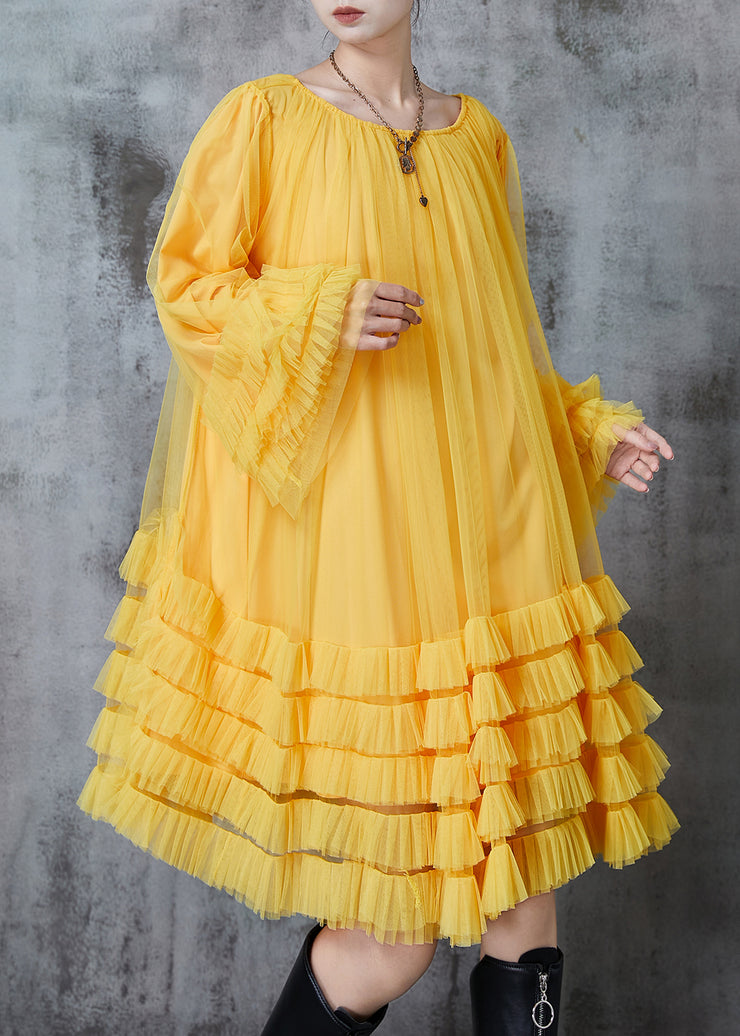 Fashion Yellow Oversized Ruffled Tulle Maxi Dresses Fall