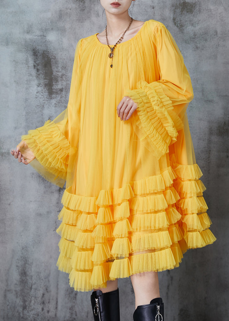 Fashion Yellow Oversized Ruffled Tulle Maxi Dresses Spring