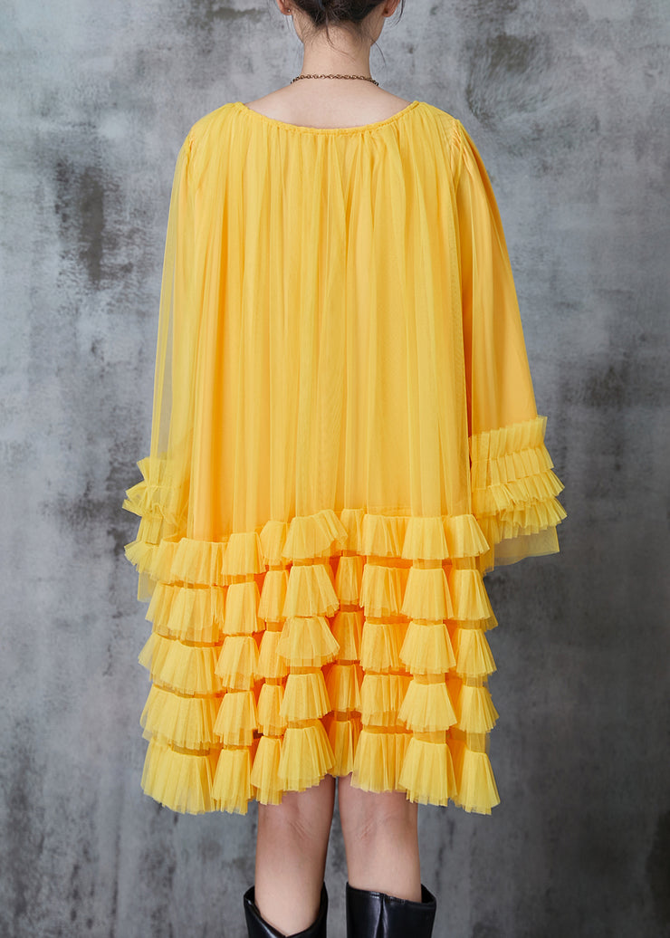 Fashion Yellow Oversized Ruffled Tulle Maxi Dresses Fall